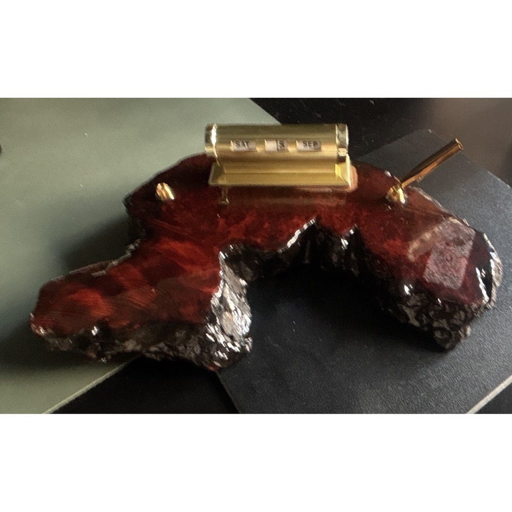 Vintage MCM Redwood Burl Wood Desk Organizer Pen Holder Perpetual Calendar 1970